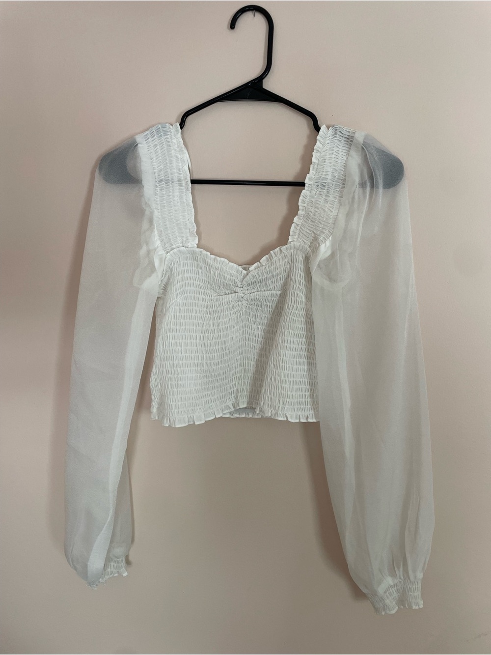 Fashion Nova White Smocked Square-Neck Crop Top with Sheer Puff Sleeves